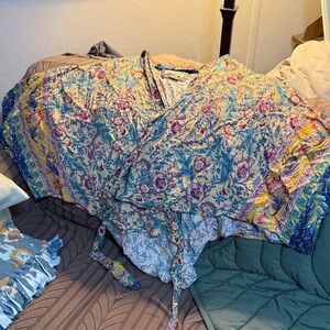 paparazzi Yellow Floral Tie-Front Kimono with Blue Border